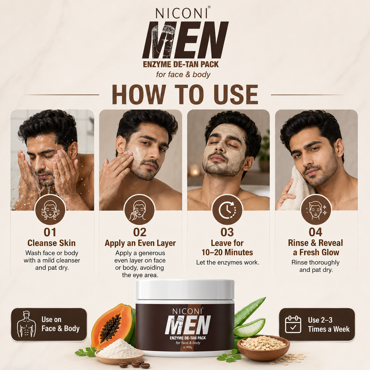 Niconi Men Enzyme De-Tan Pack For Face & Body (300g)